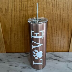 NEW! Love 🐾 Water Tumbler with Straw Pink Metallic